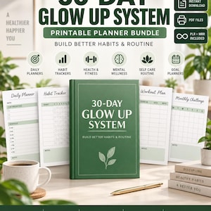 30-dagars Glow Up-system Vanespårare, Rutinbyggare, Utskrivbar Planerare, Självförbättrings-PDF, Omedelbar Nedladdningsbar Paket