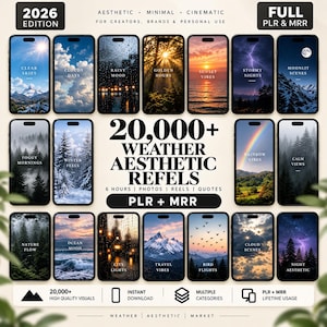 Peut inclure: Une collection numérique de 20 000+ reels esthétiques sur le thème de la météo, présentant des scènes naturelles comme des ciels clairs, des pluies, des couchers de soleil et des orages sur des écrans de smartphones avec des étiquettes.