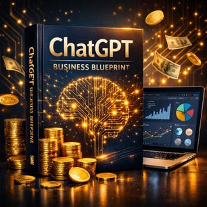 Op de afbeelding: Een boek getiteld "ChatGPT Business Blueprint" met een gloeiende hersengrafiek, stapels gouden munten en een laptop met grafieken. De afbeelding heeft een donkere achtergrond met zwevend geld en munten, wat financieel succes en technologie suggereert.