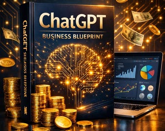 Könnte beinhalten: Ein Buch mit dem Titel "ChatGPT Business Blueprint" mit einer leuchtenden Gehirngrafik, Stapeln von Goldmünzen und einem Laptop, der Diagramme anzeigt. Das Bild hat einen dunklen Hintergrund mit schwebendem Geld und Münzen, was finanziellen Erfolg und Technologie suggeriert.