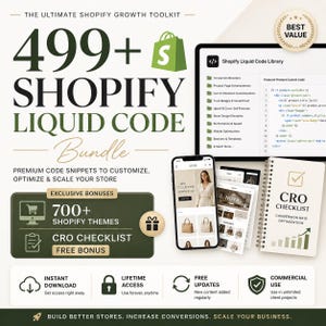 Könnte beinhalten: Werbegrafik für ein Shopify Liquid Code Bundle mit dem Text "499+". Das Bild zeigt ein Tablet mit Code, ein Telefon mit einem Website-Mockup und ein Notizbuch mit der Aufschrift "CRO Checklist". Es hebt auch "Exclusive Bonuses" und "700+ Shopify Themes" hervor.