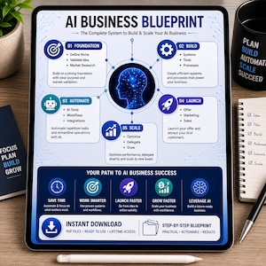 Op de afbeelding: Een digitale tablet met een AI Business Blueprint infographic. Het schema toont vijf stappen: Foundation, Build, Automate, Launch en Scale, rondom een centraal oplichtend blauw menselijk hoofd-icoon. Tekst bevat: Your Path to AI Business Success.