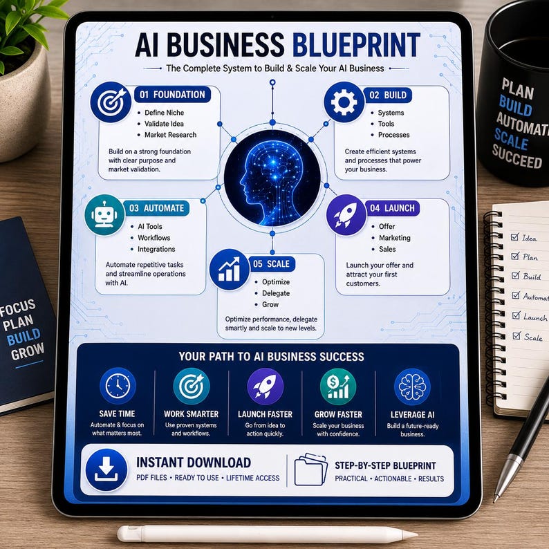 Op de afbeelding: Een digitale tablet met een AI Business Blueprint infographic. Het schema toont vijf stappen: Foundation, Build, Automate, Launch en Scale, rondom een centraal oplichtend blauw menselijk hoofd-icoon. Tekst bevat: Your Path to AI Business Success.