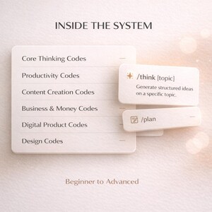 May include: A white rectangular card titled INSIDE THE SYSTEM with a list of categories including Core Thinking, Productivity, Content Creation, Business & Money, Digital Product, and Design Codes. It features a /think [topic] command card.