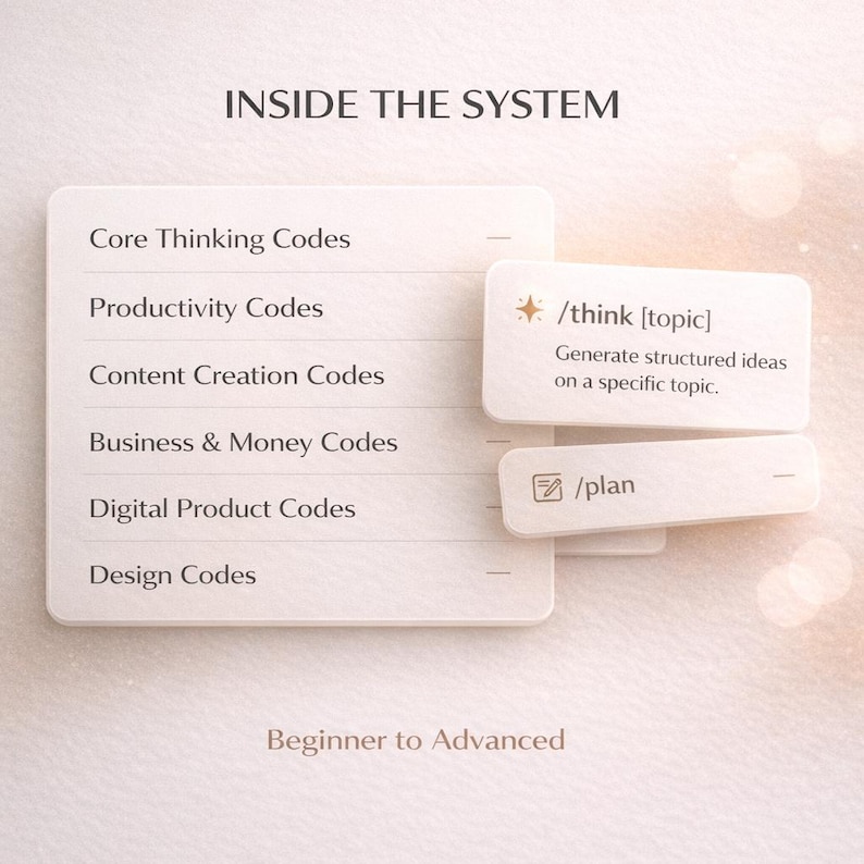 May include: A white rectangular card titled INSIDE THE SYSTEM with a list of categories including Core Thinking, Productivity, Content Creation, Business & Money, Digital Product, and Design Codes. It features a /think [topic] command card.