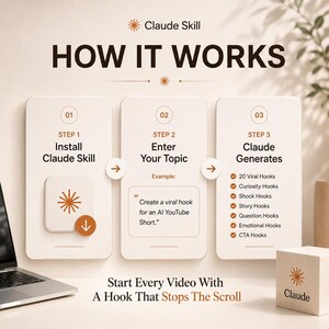 May include: An infographic titled Claude Skill HOW IT WORKS with three steps. Step 1: Install Claude Skill. Step 2: Enter Your Topic with an example prompt. Step 3: Claude Generates 20 Viral, Curiosity, Shock, Story, Question, Emotional, and CTA Hooks.