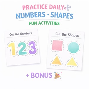 May include: Educational activity sheets with the text "PRACTICE DAILY NUMBERS &bull; SHAPES FUN ACTIVITIES." One sheet features the numbers 1, 2, and 3 in yellow, teal, and purple. The other sheet has a pink square, a teal circle, and yellow triangles.