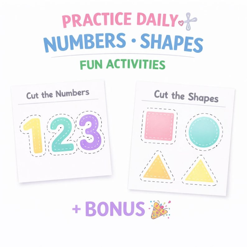 May include: Educational activity sheets with the text "PRACTICE DAILY NUMBERS &bull; SHAPES FUN ACTIVITIES." One sheet features the numbers 1, 2, and 3 in yellow, teal, and purple. The other sheet has a pink square, a teal circle, and yellow triangles.