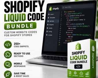 May include: A digital product bundle featuring a laptop displaying Shopify Liquid code, a box labelled Shopify Liquid Code Bundle, and text highlighting 250+ code snippets, ready to use sections, mobile responsive design, and PLR & MRR licence included.