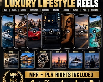 May include: A digital product bundle titled 50,000+ Luxury Lifestyle Reels featuring various video thumbnails of cars, travel, and cityscapes. The graphic includes text stating MRR + PLR rights included, lifetime access, and use, brand, and resell for 100% profit.