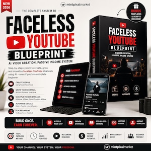 以下が含まれることがあります： Faceless YouTube Blueprintというタイトルのデジタル製品パッケージ。黒い箱、タブレット、スマートフォンが配置され、ロードマップとビデオインターフェースが表示されています。デザインには赤と白のテキスト、AIツールや収益システムを示すアイコンが含まれています。
