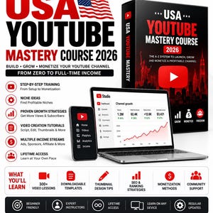 May include: A digital marketing educational product titled USA YouTube Mastery Course 2026, featuring a physical box, a laptop displaying channel analytics, and a smartphone, with text detailing video lessons, growth strategies, and monetization.