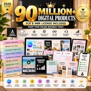 May include: A digital product bundle featuring 90 million plus items with PLR and MRR licenses. Includes Canva templates, ebooks, business templates, social media content, planners, journals, online courses, marketing tools, graphics, fonts, and website templates.