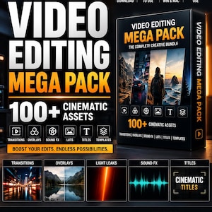 以下が含まれることがあります： Video Editing Mega Packというタイトルのデジタル製品バンドル。トランジション、オーバーレイ、サウンドエフェクト、LUT、タイトル、テンプレートなど、100種類以上の映画用素材が含まれています。黒いパッケージには人物の風景画像とテキストが記載されています。