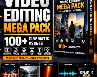 Video Editing Mega Pack | 100+ Cinematic Assets, 4K Transitions, LUTs, Overlays, Sound Effects, Titles, Premiere Pro Bundle Download