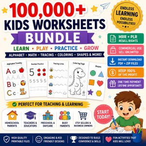 Könnte beinhalten: Ein digitales Paket mit über 100.000 Arbeitsblättern für Kinder zu Alphabet, Mathe, Nachspuren, Ausmalen und Formen. Enthält MRR- und PLR-Wiederverkaufsrechte, sofortige PDF- und ZIP-Downloads sowie eine Cartoon-Illustration eines Kindes.