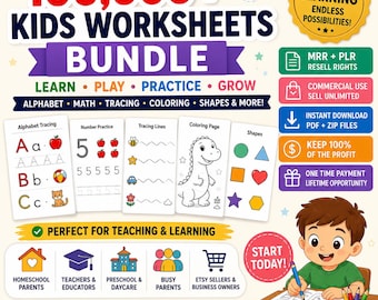 Plus de 100 000 feuilles de calcul pour enfants | Activités imprimables pour la maternelle et la maternelle | alphabet, mathématiques, pages à colorier | Utilisation commerciale du DPP MRR