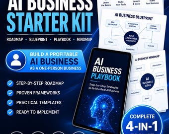 Puede incluir: El AI Business Starter Kit edición 2026 incluye una hoja de ruta, un plan, un manual y un mapa mental. Este kit 4 en 1 ofrece estrategias paso a paso, marcos de trabajo probados y plantillas prácticas para crear un negocio de IA rentable.