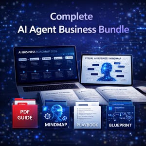 Op de afbeelding: Een digitale productcollectie getiteld Complete AI Agent Business Bundle met een laptop die een AI Business Roadmap 2026 toont, een tablet met een Visual AI Business Mindmap 2025, een open handboek en vier mappen met de labels PDF Guide, Mindmap, Playbook en Blueprint.