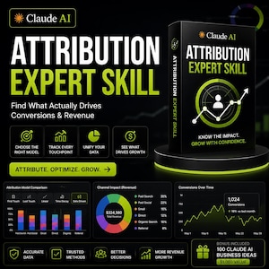 Puede incluir: Una caja negra titulada Claude AI Attribution Expert Skill sobre un pedestal circular. El gráfico muestra diagramas de datos, incluyendo un gráfico circular con $324,560 de ingresos totales, un gráfico lineal de conversiones y texto sobre crecimiento.