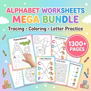 May include: A colorful educational bundle of alphabet worksheets. The image shows various activity sheets for tracing, coloring, and letter practice. The worksheets feature illustrations of animals and objects, with the text "ALPHABET WORKSHEETS MEGA BUNDLE".