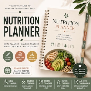 May include: A spiral-bound nutrition planner with a cream cover featuring the text NUTRITION PLANNER, meal tracking sections, and a bowl of grilled chicken, avocado, tomatoes, and quinoa. Includes tabbed dividers for meal plans and journals.