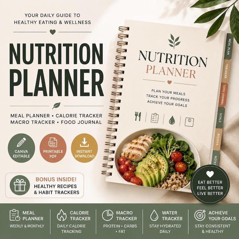 May include: A spiral-bound nutrition planner with a cream cover featuring the text NUTRITION PLANNER, meal tracking sections, and a bowl of grilled chicken, avocado, tomatoes, and quinoa. Includes tabbed dividers for meal plans and journals.