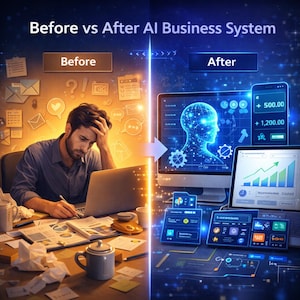 Op de afbeelding: Een gesplitste afbeelding met de titel Before vs After AI Business System. Links is een gestrest persoon aan een bureau met papieren en een laptop in warm licht te zien. Rechts toont een digitale interface met blauwe datagrafieken.