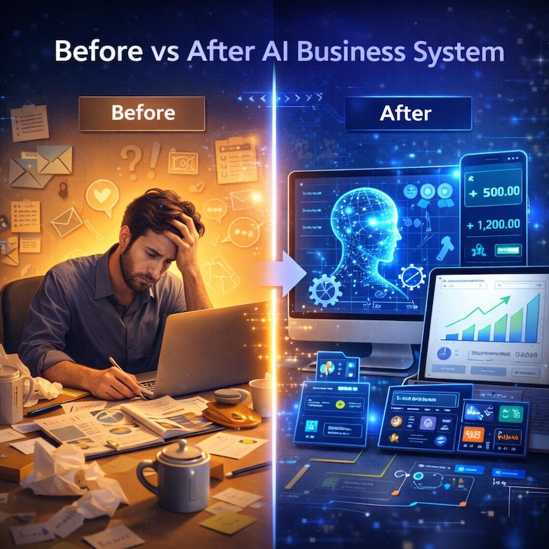 Op de afbeelding: Een gesplitste afbeelding met de titel Before vs After AI Business System. Links is een gestrest persoon aan een bureau met papieren en een laptop in warm licht te zien. Rechts toont een digitale interface met blauwe datagrafieken.