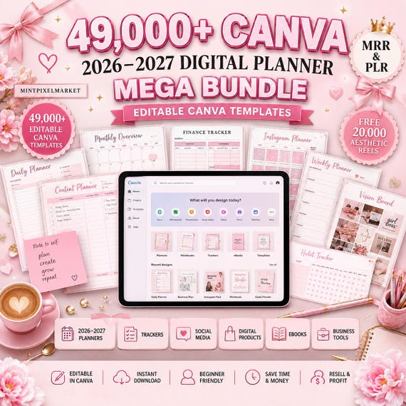 49,000+ Digital Planner Bundle 2026–2028 | Canva Templates | GoodNotes Notability, Daily Weekly Journal MRR