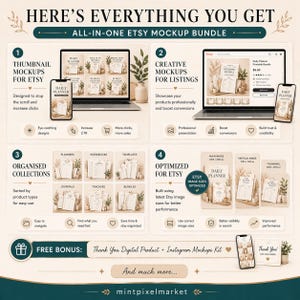 May include: An Etsy mockup bundle graphic with the text "HERE'S EVERYTHING YOU GET." The image showcases mockups for thumbnails, creative listings, organized collections, and optimized Etsy sizes. Includes a free bonus digital product and Instagram mockups kit.