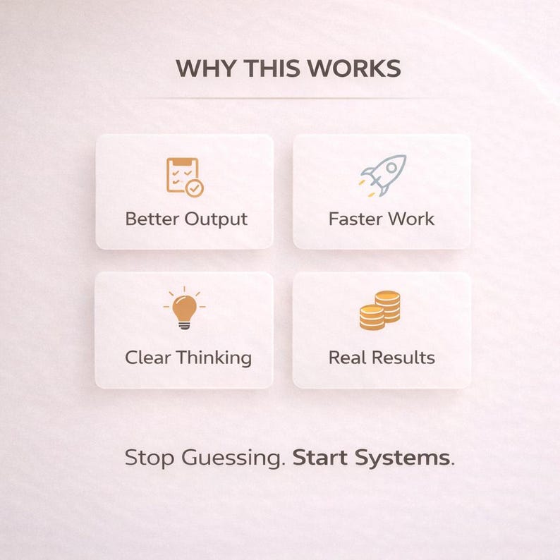 May include: A white graphic chart titled WHY THIS WORKS featuring four rounded rectangular boxes with icons and text: Better Output with a clipboard, Faster Work with a rocket, Clear Thinking with a lightbulb, and Real Results with coins. Bottom text: Stop Guessing. Start Systems.