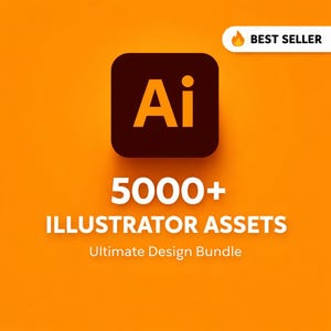 May include: An orange background with a dark brown square containing the letters "Ai" in yellow. Below the square, the text reads "5000+ ILLUSTRATOR ASSETS Ultimate Design Bundle". A "Best Seller" badge is in the top right corner.