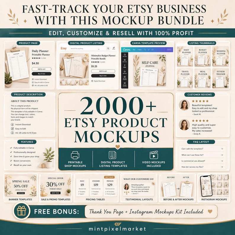 May include: A promotional graphic for Etsy sellers, featuring a mockup bundle with over 2000 product mockups. The image includes examples of product pages, digital listings, Canva templates, and listing thumbnails. It also highlights features, customer reviews, and special offers.