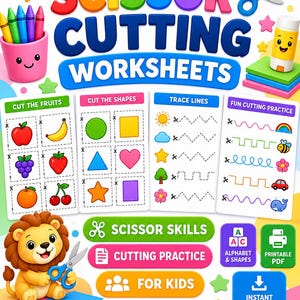May include: A set of colorful scissor cutting worksheets featuring sections for fruits, shapes, and line tracing. The design includes a cartoon lion holding scissors, a cup of crayons, a glue stick, and text reading SCISSOR CUTTING WORKSHEETS.
