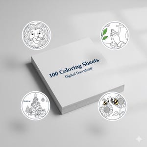 May include: A stack of white paper with the text 100 Coloring Sheets Digital Download printed in dark blue. Four circular illustrations surround the stack: a lion face, praying hands with a cross, a Christmas tree, and two bees on sunflowers.