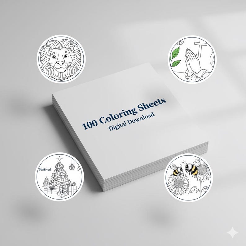 May include: A stack of white paper with the text 100 Coloring Sheets Digital Download printed in dark blue. Four circular illustrations surround the stack: a lion face, praying hands with a cross, a Christmas tree, and two bees on sunflowers.