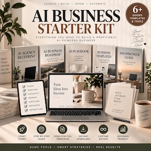 May include: An AI Business Starter Kit featuring multiple books titled AI Agency Blueprint, AI Business Roadmap, AI Playbook, Business Templates, and Solopreneur Guide. A laptop displays Turn Ideas Into Income, alongside a tablet with a checklist.