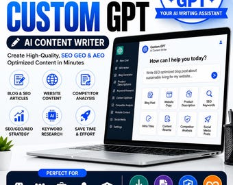 Puede incluir: Un gráfico de marketing digital con un portátil que muestra una interfaz de redacción de contenido con IA. El texto incluye SEO, GEO, AEO CUSTOM GPT, AI CONTENT WRITER e iconos para artículos de blog, contenido web y análisis.