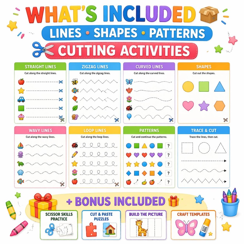 Scissor Skills Cutting Worksheets, Preschool Fine Motor Activity (PDF Download) image 2
