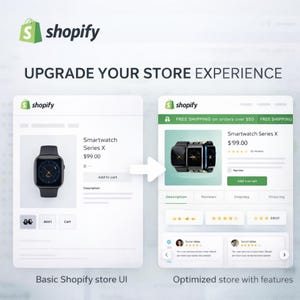 May include: A comparison graphic showing a basic Shopify store UI on the left and an optimized store with features on the right. Both sides display a Smartwatch Series X product page with a product image, price, and an Add to cart button.