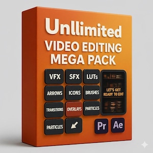 May include: An orange box with the text "Unlimited VIDEO EDITING MEGA PACK" in white. It features buttons labeled VFX, SFX, LUTS, ARROWS, ICONS, BRUSHES, TRANSITIONS, OVERLAYS, PARTICLES, and a small cabinet with the text "LET'S GET READY TO EDIT".