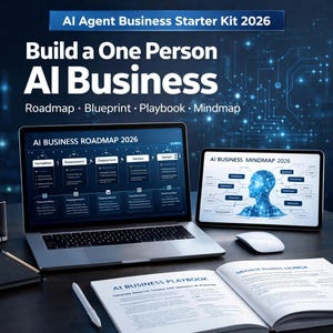 May include: A laptop, tablet, and open book display the text "AI Agent Business Starter Kit 2026." The laptop screen shows a roadmap, while the tablet displays a mindmap. A mouse and pen are also visible.