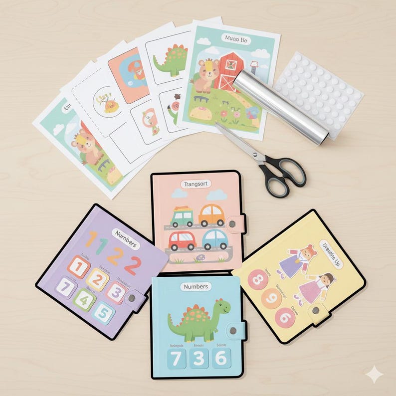 May include: A collection of children's educational materials, including colorful number and activity books, flashcards with animal illustrations, and a pair of scissors. The books feature numbers and images of cars, dinosaurs, and children.