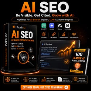 Può includere: Un display promozionale nero con il testo AI SEO, Be Visible. Get Cited. Grow with AI. Include un libro intitolato AI SEARCH OPTIMIZATION SKILL, uno schermo digitale che mostra AI Overview e un libro bonus intitolato 100 CLAUDE AI BUSINESS IDEAS.