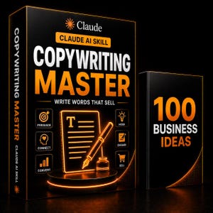 Può includere: Due scatole rettangolari nere con accenti e testo in stile neon arancione. La scatola più grande presenta il titolo CLAUDE AI SKILL COPYWRITING MASTER WRITE WORDS THAT SELL, con icone per PERSUADE, CONNECT, CONVERT, HOOK, ENGAGE e SELL. La scatola più piccola riporta 100 BUSINESS IDEAS.
