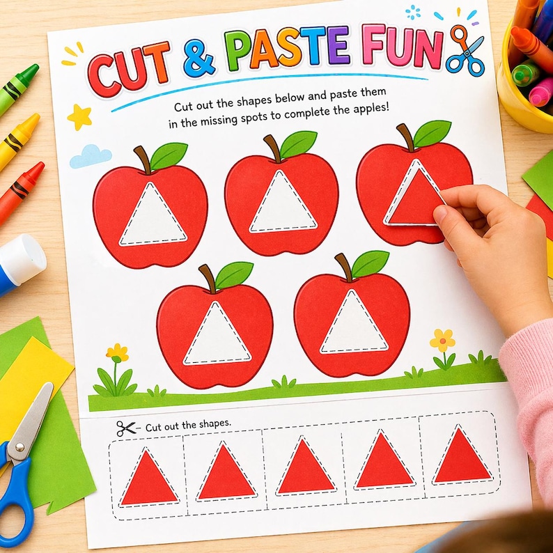 May include: A white activity sheet titled CUT & PASTE FUN featuring five red apple illustrations with empty triangular centers. Below, five red triangles are outlined for cutting. The sheet includes instructions to cut and paste shapes.
