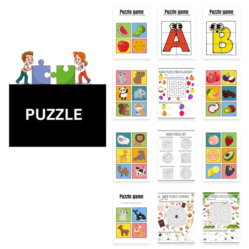 May include: A collection of children's puzzle games and mazes. The image features various puzzle cards with colorful illustrations of fruits, animals, and letters. The word "PUZZLE" is displayed in large white letters on a black background.