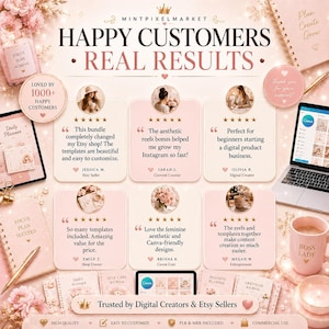May include: A promotional image with the text "HAPPY CUSTOMERS - REAL RESULTS" and customer testimonials. The image features a laptop, notebooks, a mug, and other stationery items in a soft pink and white color scheme. The image promotes digital products.