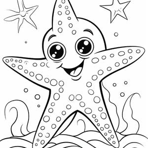May include: A black and white line art illustration of a smiling starfish with large eyes, textured with circular patterns on its arms. The starfish is positioned above wavy lines representing water, accompanied by two smaller starfish and bubbles.